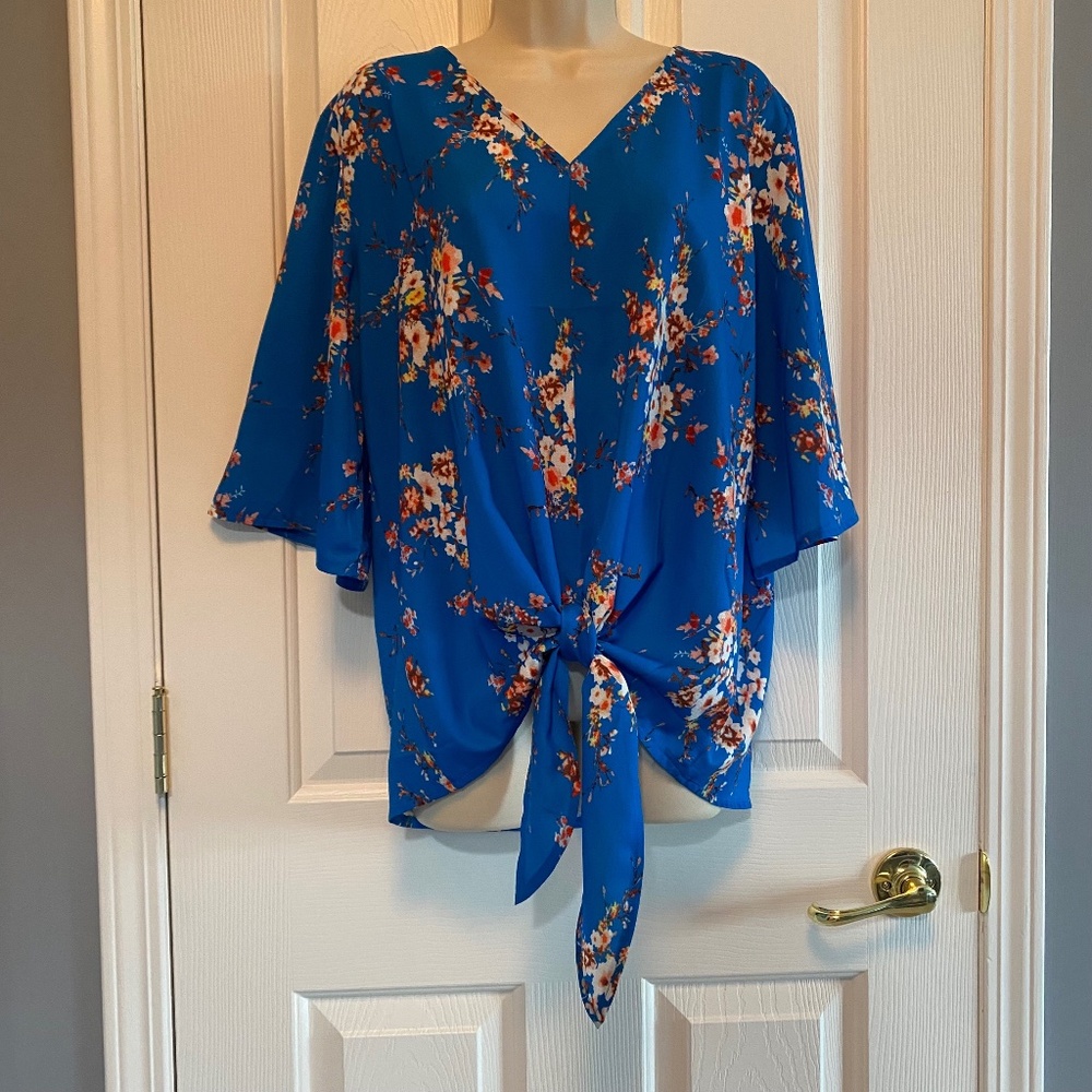 BUY 2 ITEMS & GET 1 FREE - Bluetime Bright Floral Print Front Tie Blouse Sz L